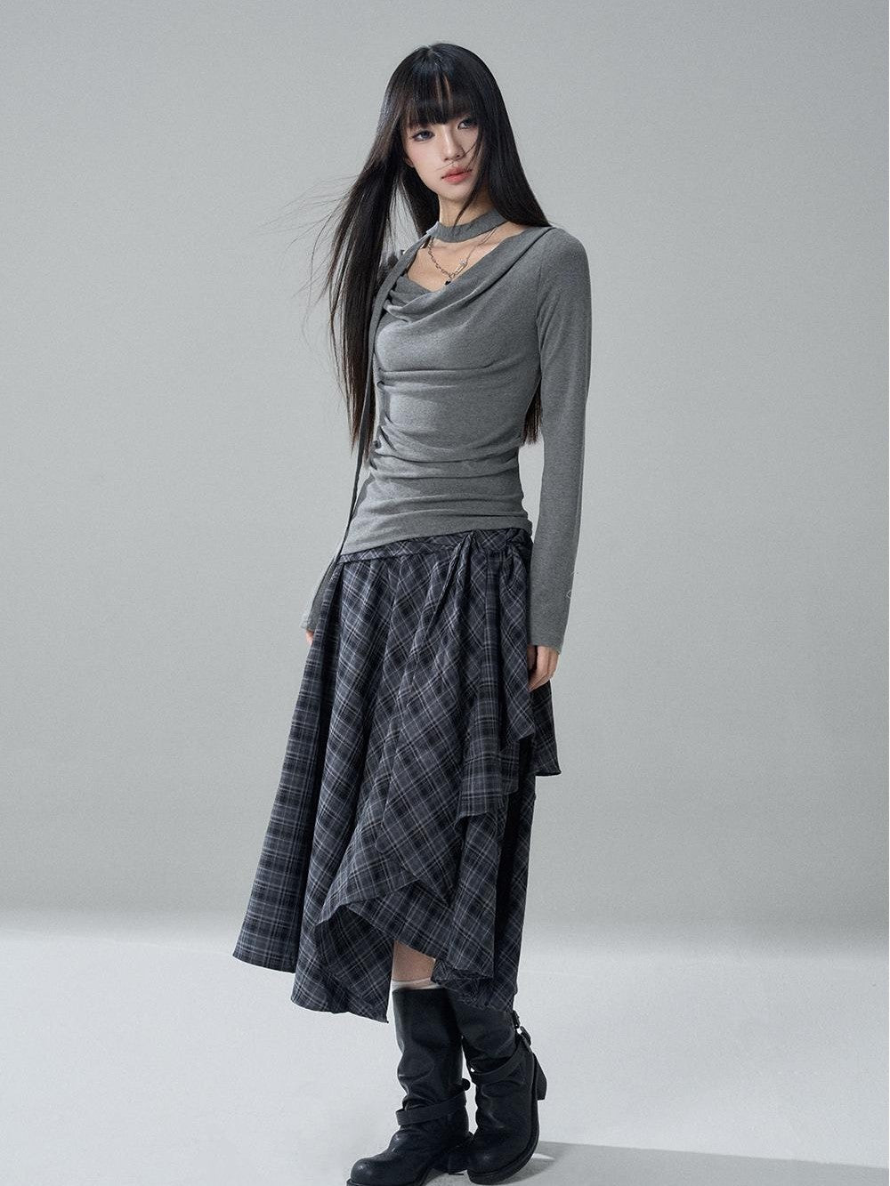 LADYGHOST Solid Cowl Neck Ruched High Waist Slim Fit Women&