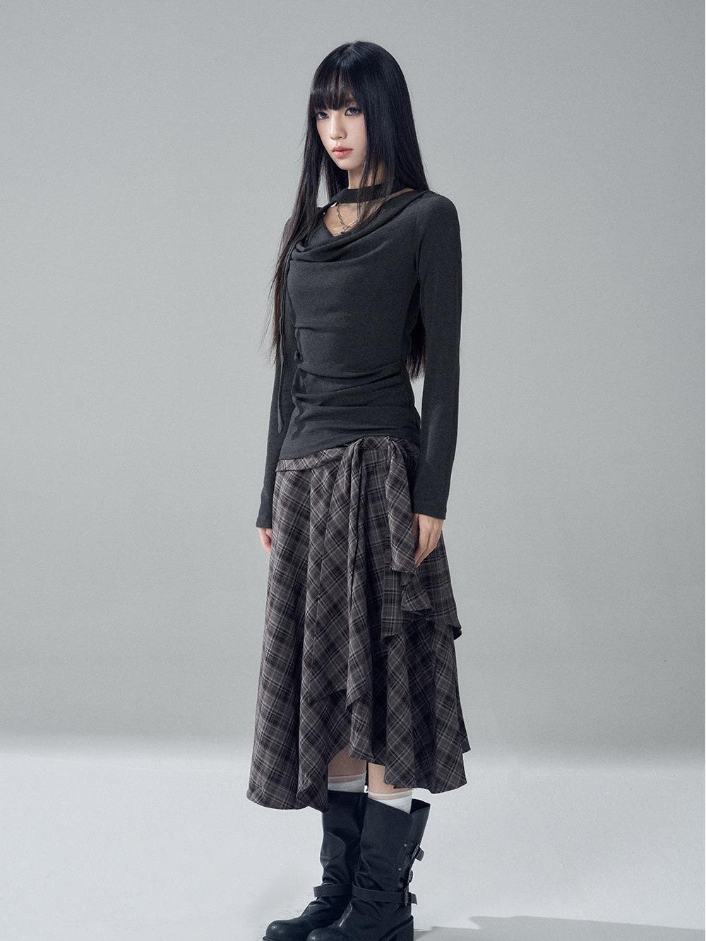 LADYGHOST Solid Cowl Neck Ruched High Waist Slim Fit Women&