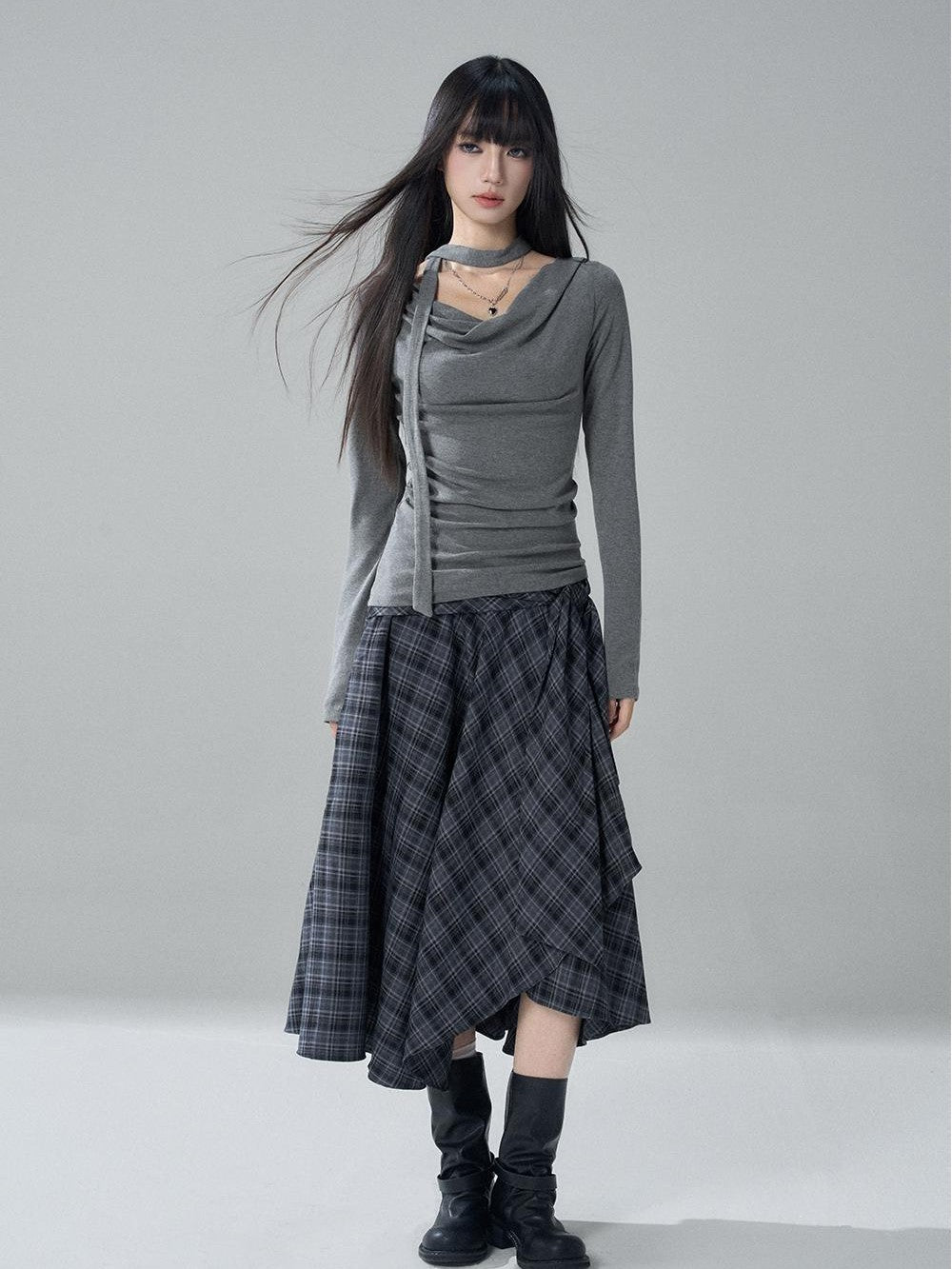 LADYGHOST Solid Cowl Neck Ruched High Waist Slim Fit Women&