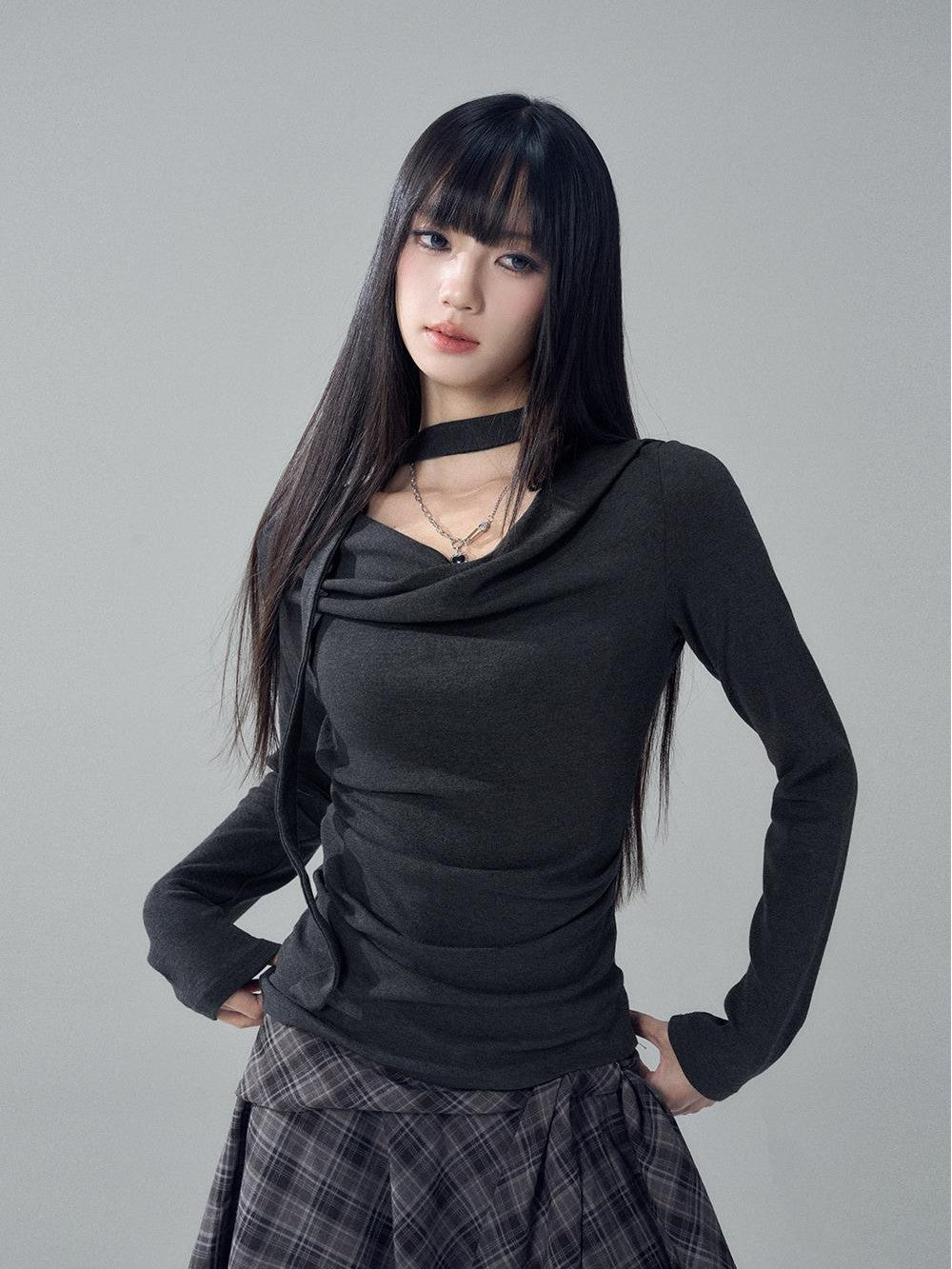 LADYGHOST Solid Cowl Neck Ruched High Waist Slim Fit Women&