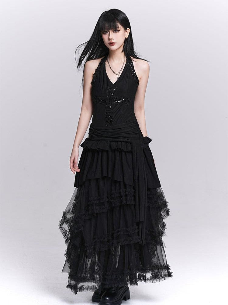 LADYGHOST Sparkly V-neck Open Back Ruched High Waist Women&