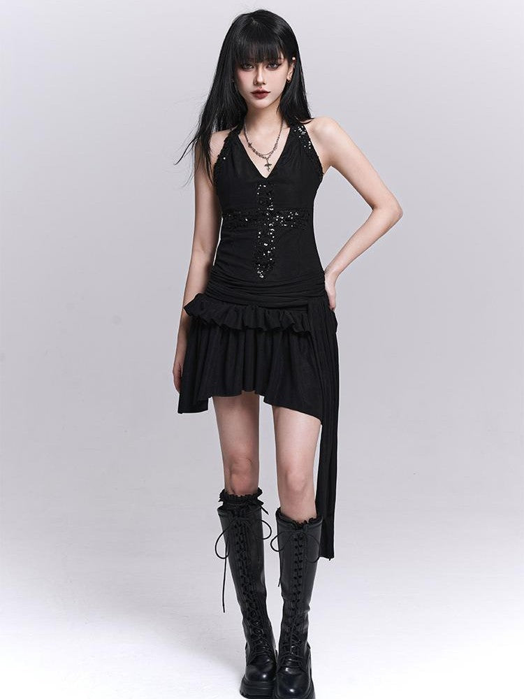 LADYGHOST Sparkly V-neck Open Back Ruched High Waist Women&
