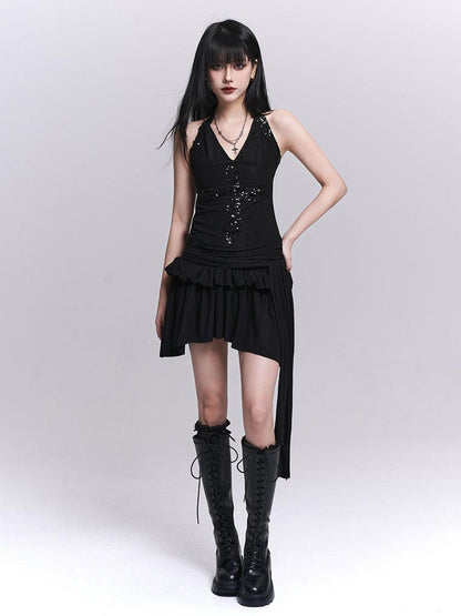 LADYGHOST Sparkly V-neck Open Back Ruched High Waist Women&