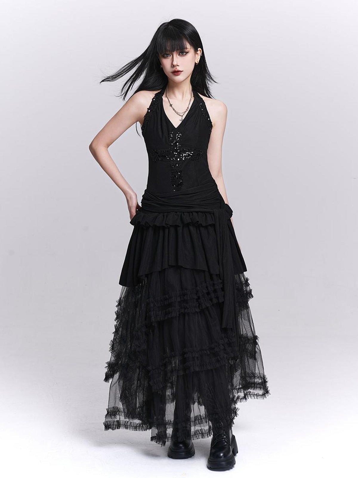 LADYGHOST Sparkly V-neck Open Back Ruched High Waist Women&