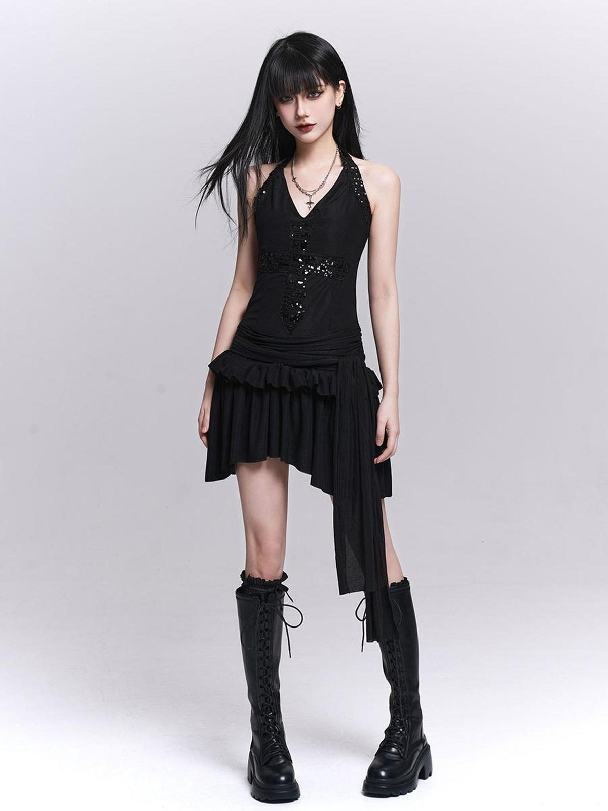 LADYGHOST Sparkly V-neck Open Back Ruched High Waist Women&