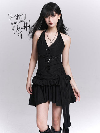 LADYGHOST Sparkly V-neck Open Back Ruched High Waist Women&
