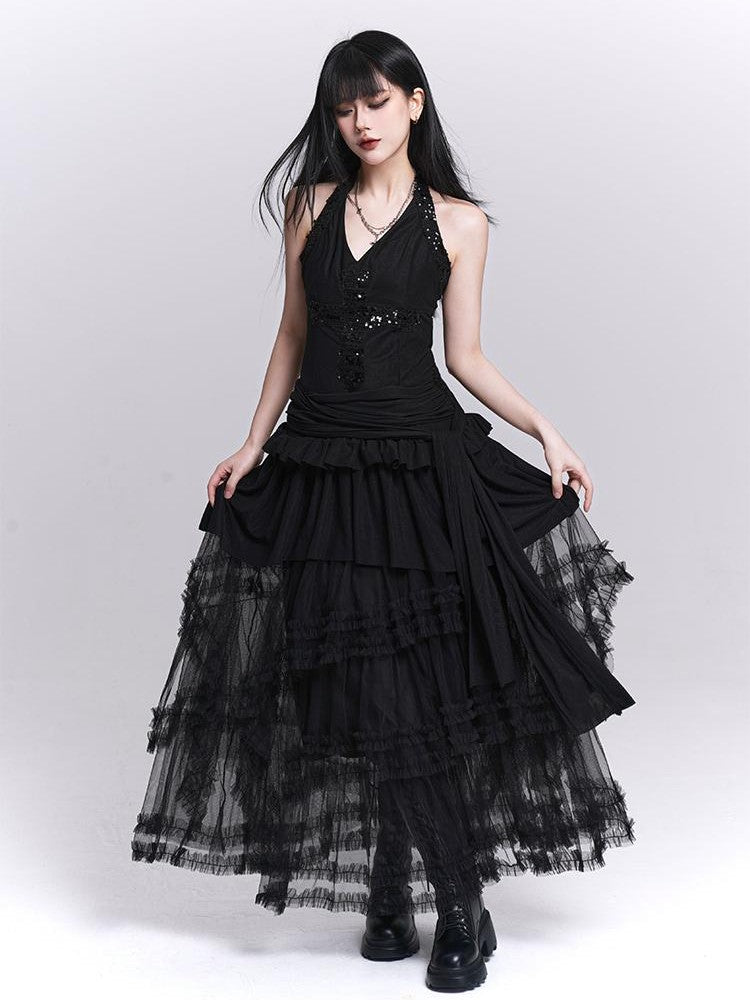 LADYGHOST Sparkly V-neck Open Back Ruched High Waist Women&