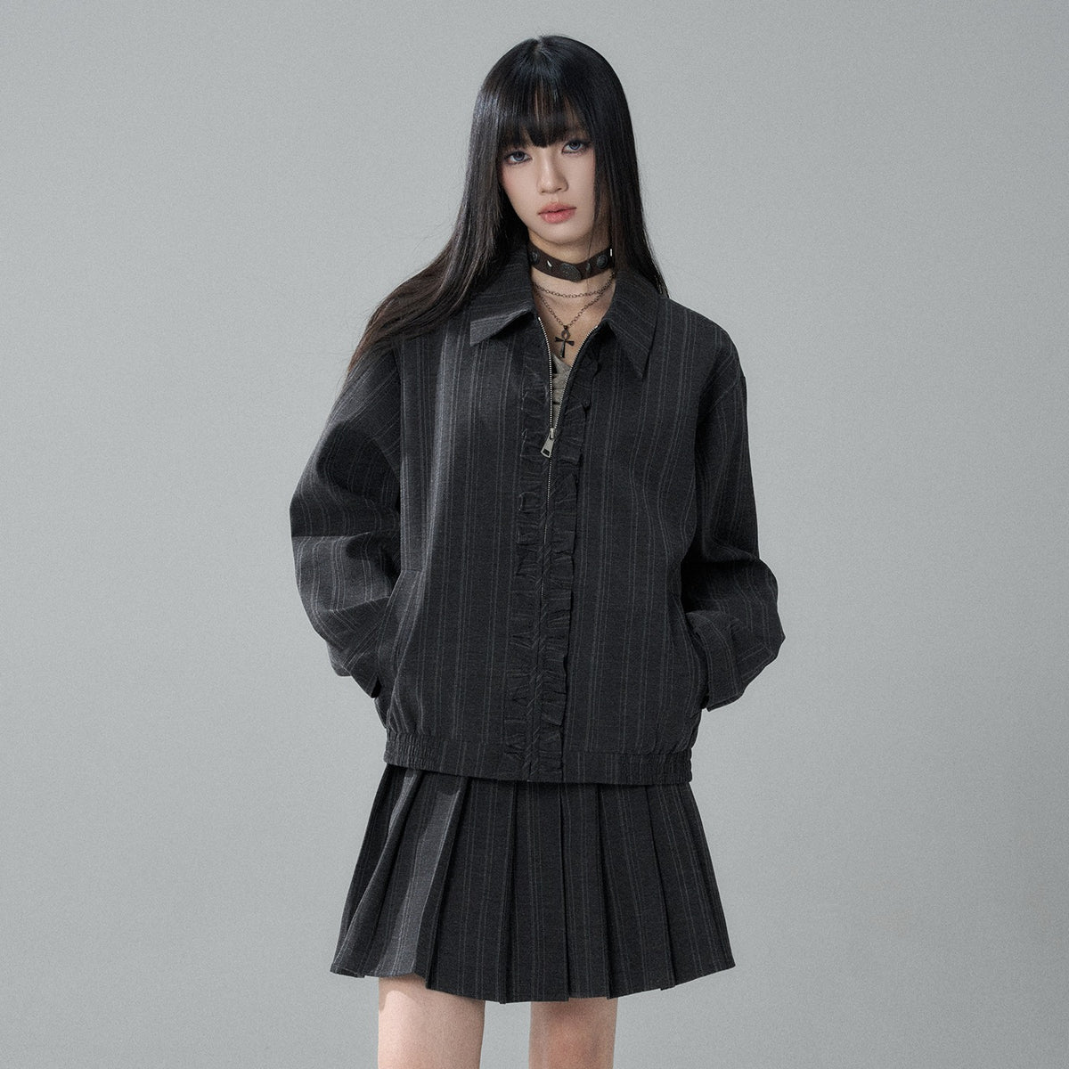 LADYGHOST_Striped_Barn_Jacket_Loose_Fit_Zip_Front_Women&
