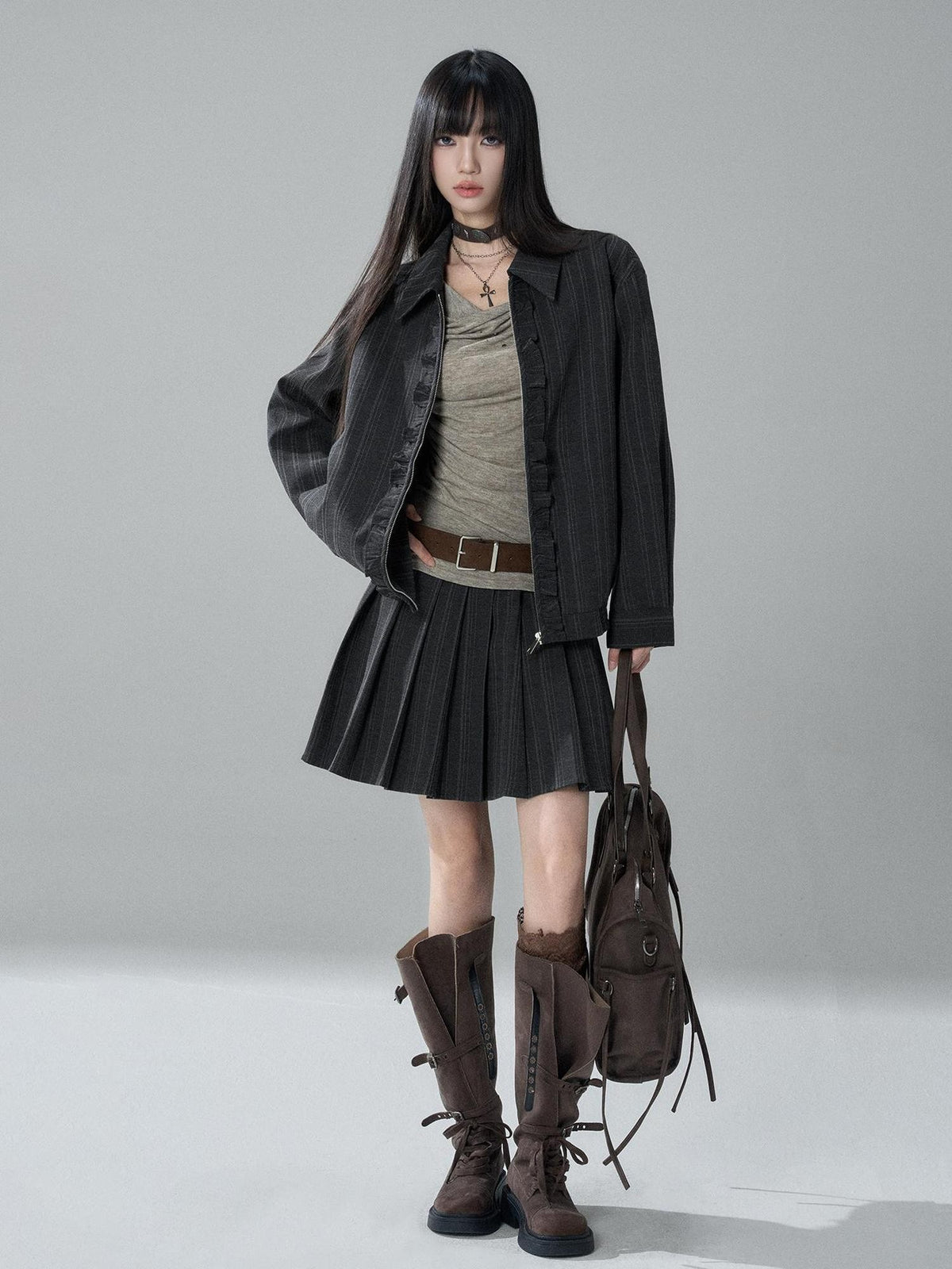 LADYGHOST Striped Barn Jacket Loose Fit Zip Front Women&
