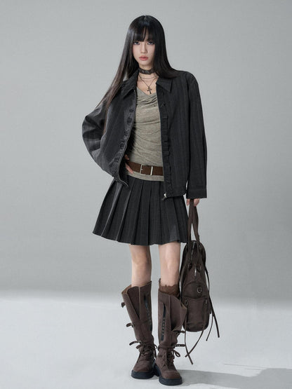 LADYGHOST Striped Barn Jacket Loose Fit Zip Front Women&