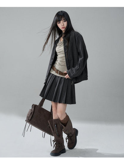 LADYGHOST Striped Barn Jacket Loose Fit Zip Front Women&