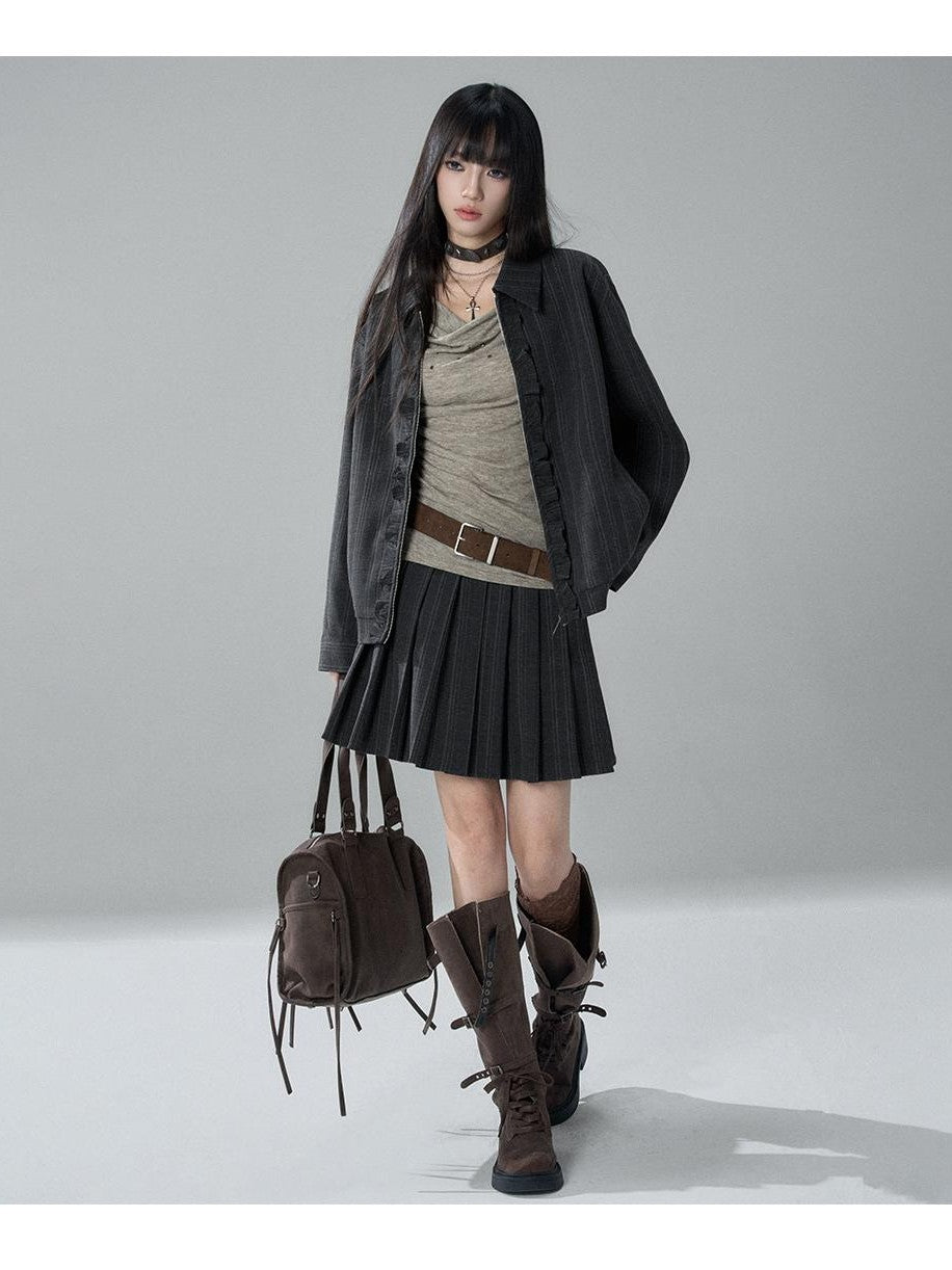 LADYGHOST Striped Barn Jacket Loose Fit Zip Front Women&