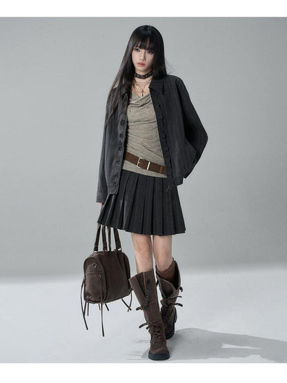 LADYGHOST Striped Barn Jacket Loose Fit Zip Front Women&