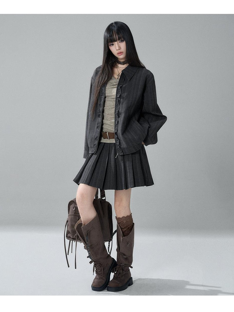 LADYGHOST Striped Barn Jacket Loose Fit Zip Front Women&