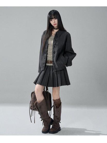 LADYGHOST Striped Barn Jacket Loose Fit Zip Front Women&