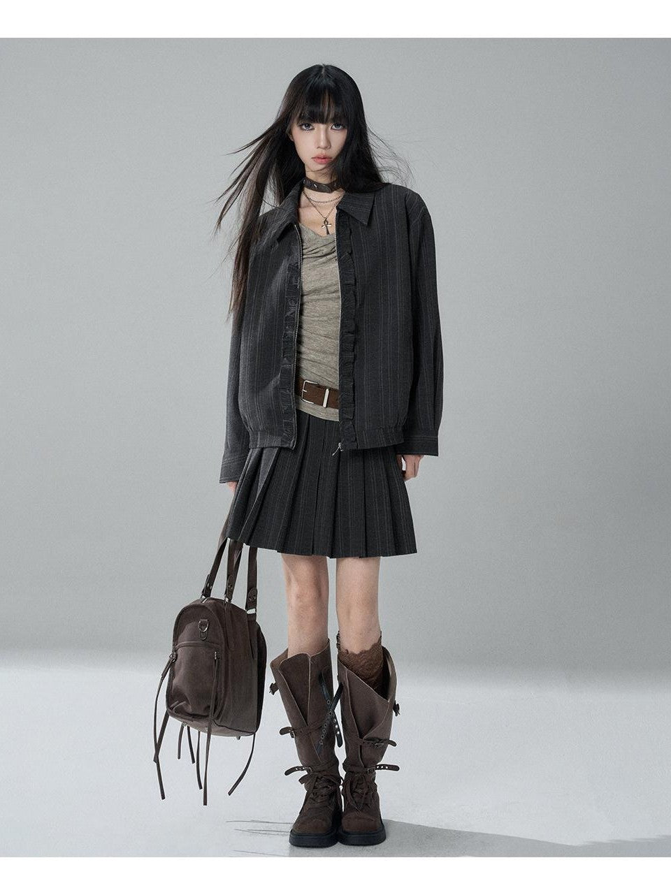 LADYGHOST Striped Barn Jacket Loose Fit Zip Front Women&