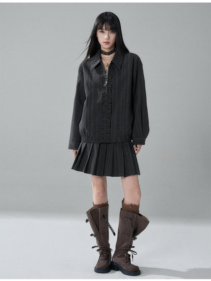 LADYGHOST Striped Barn Jacket Loose Fit Zip Front Women&