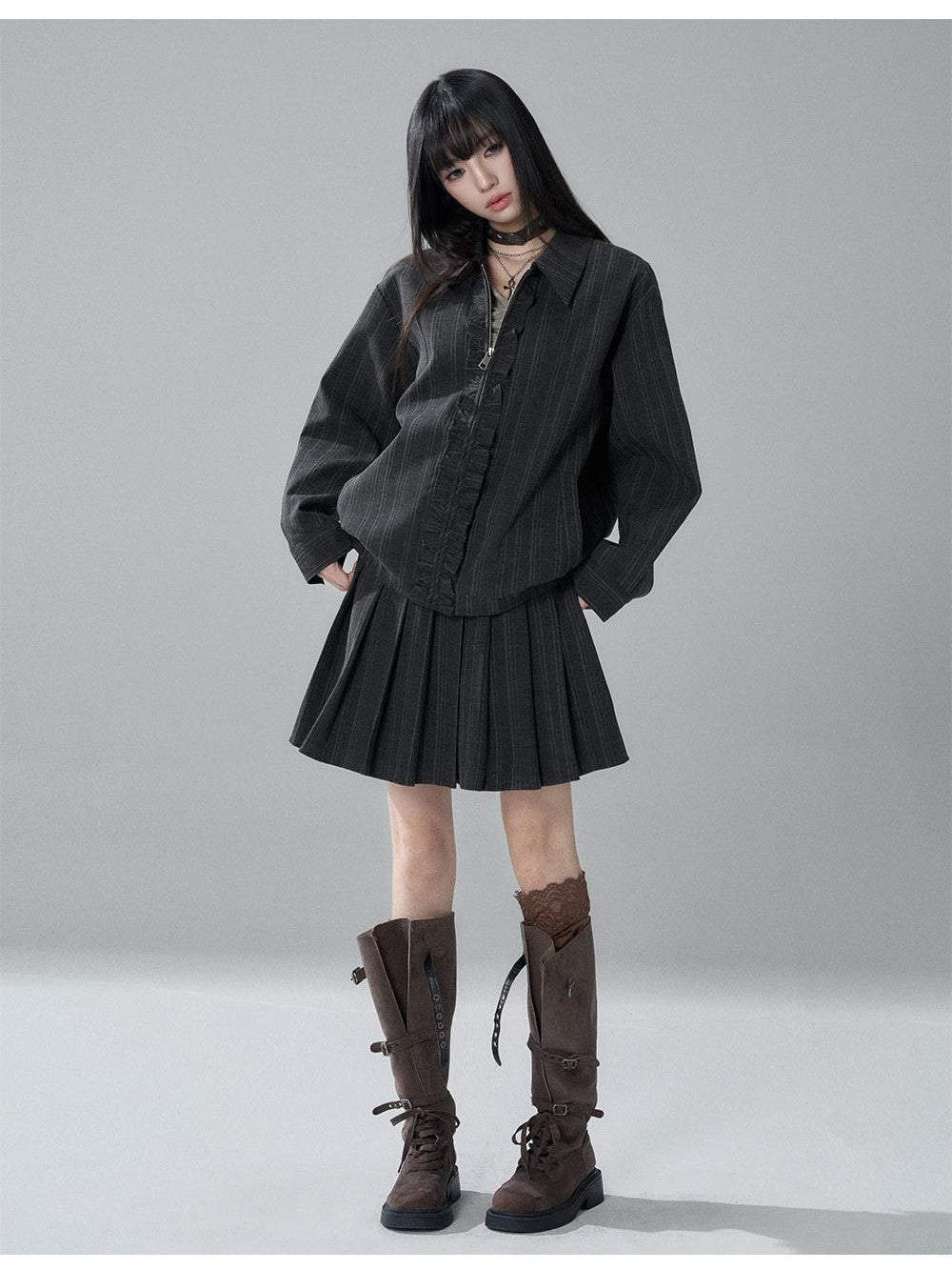 LADYGHOST Striped Barn Jacket Loose Fit Zip Front Women&