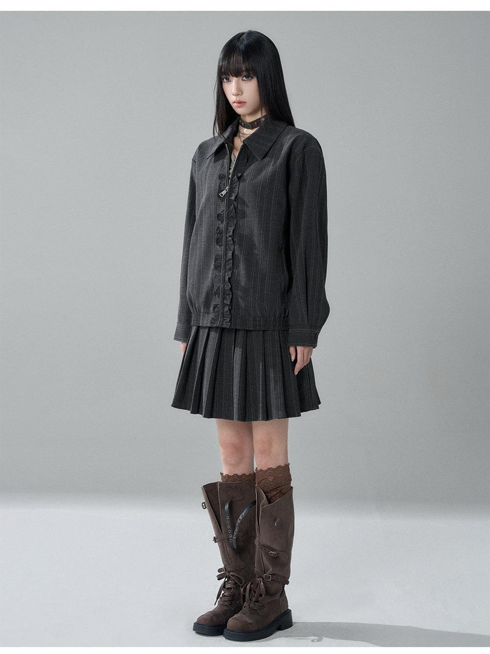 LADYGHOST Striped Barn Jacket Loose Fit Zip Front Women&