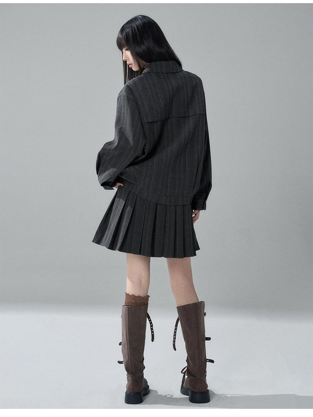 LADYGHOST Striped Barn Jacket Loose Fit Zip Front Women&