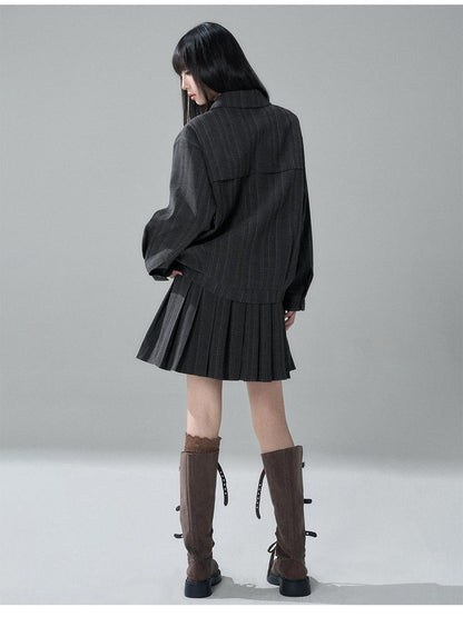 LADYGHOST Striped Barn Jacket Loose Fit Zip Front Women&