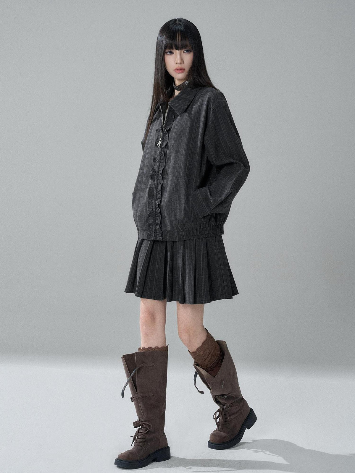 LADYGHOST Striped Barn Jacket Loose Fit Zip Front Women&