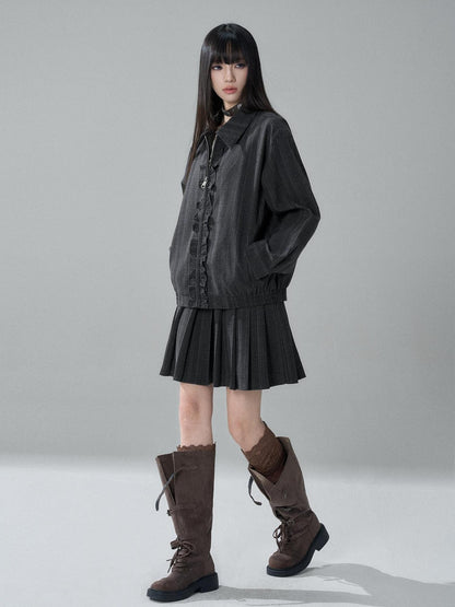 LADYGHOST Striped Barn Jacket Loose Fit Zip Front Women&
