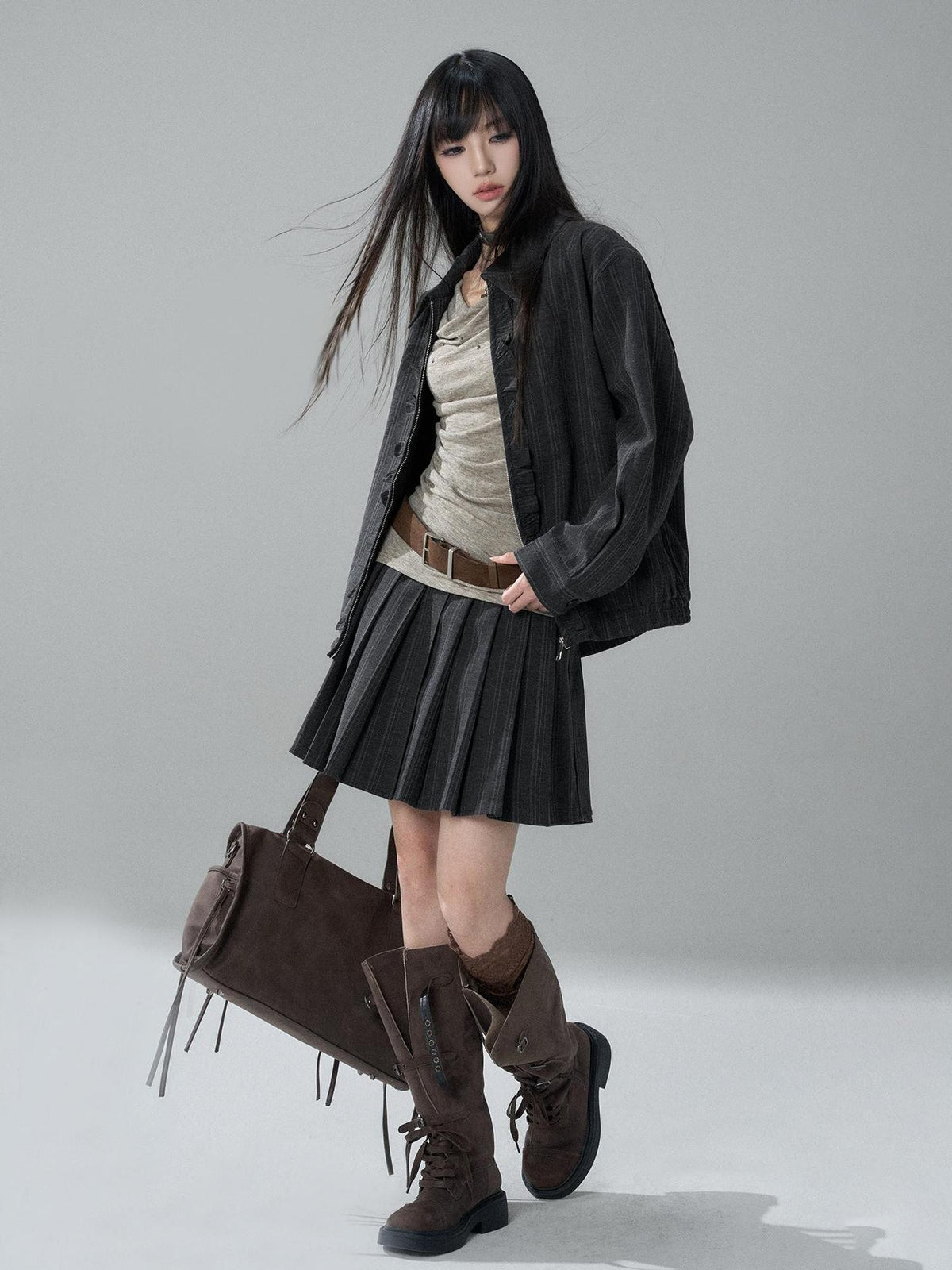 LADYGHOST Striped Barn Jacket Loose Fit Zip Front Women&