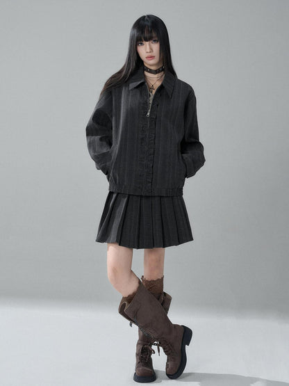 LADYGHOST Striped Barn Jacket Loose Fit Zip Front Women&