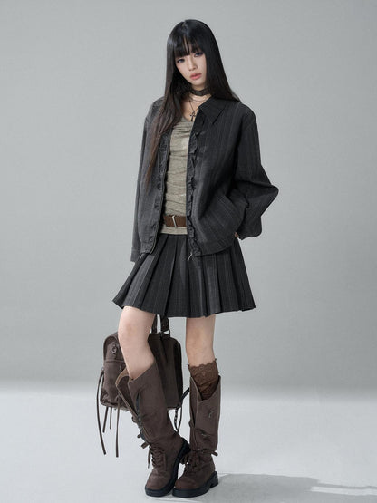LADYGHOST Striped Barn Jacket Loose Fit Zip Front Women&