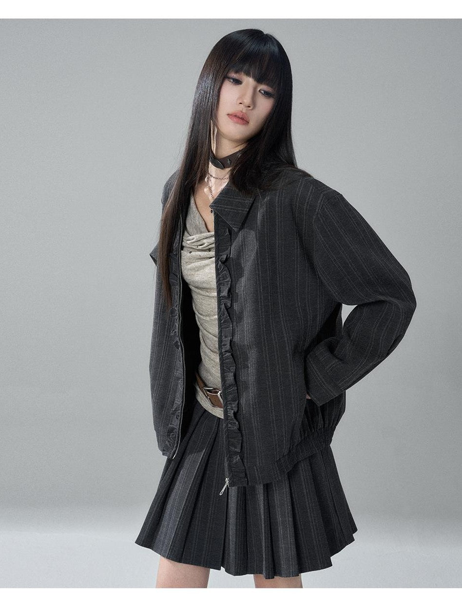 LADYGHOST Striped Barn Jacket Loose Fit Zip Front Women&