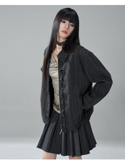 LADYGHOST Striped Barn Jacket Loose Fit Zip Front Women&