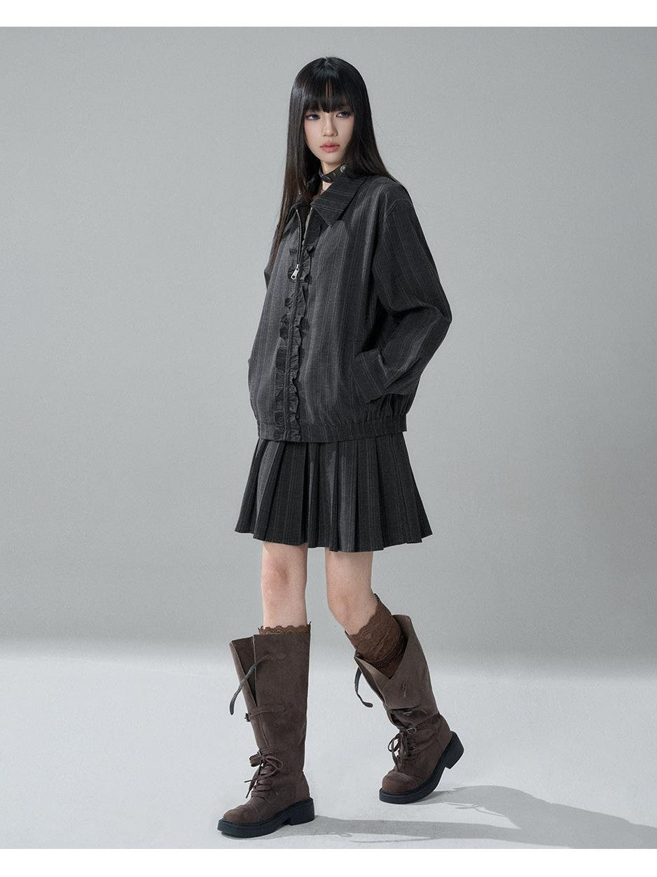 LADYGHOST Striped Barn Jacket Loose Fit Zip Front Women&