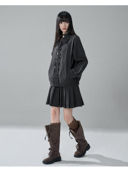 LADYGHOST Striped Barn Jacket Loose Fit Zip Front Women&