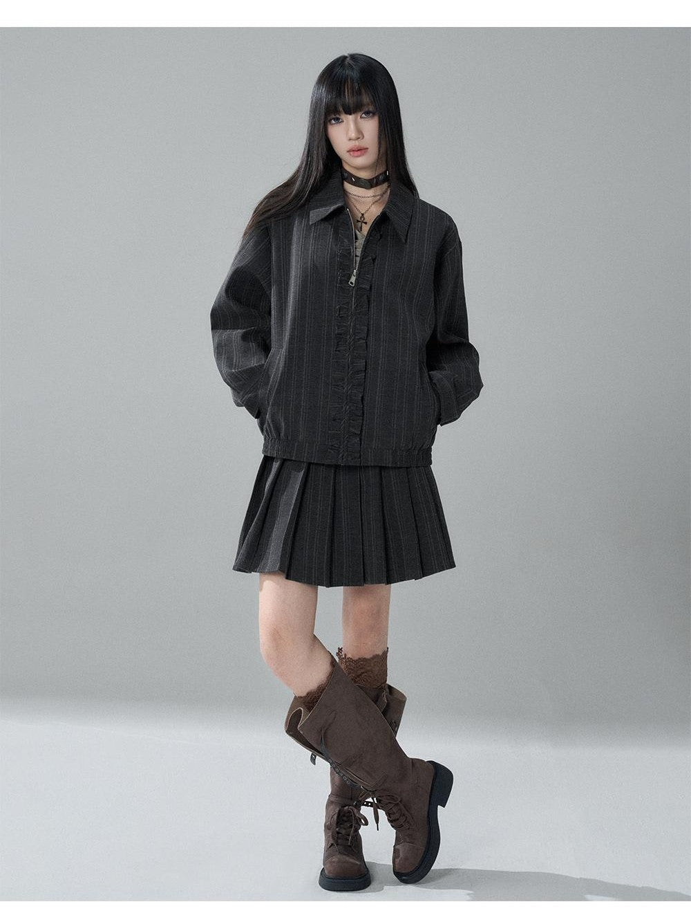 LADYGHOST Striped Barn Jacket Loose Fit Zip Front Women&