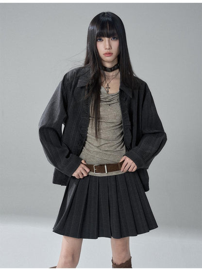 LADYGHOST Striped Barn Jacket Loose Fit Zip Front Women&