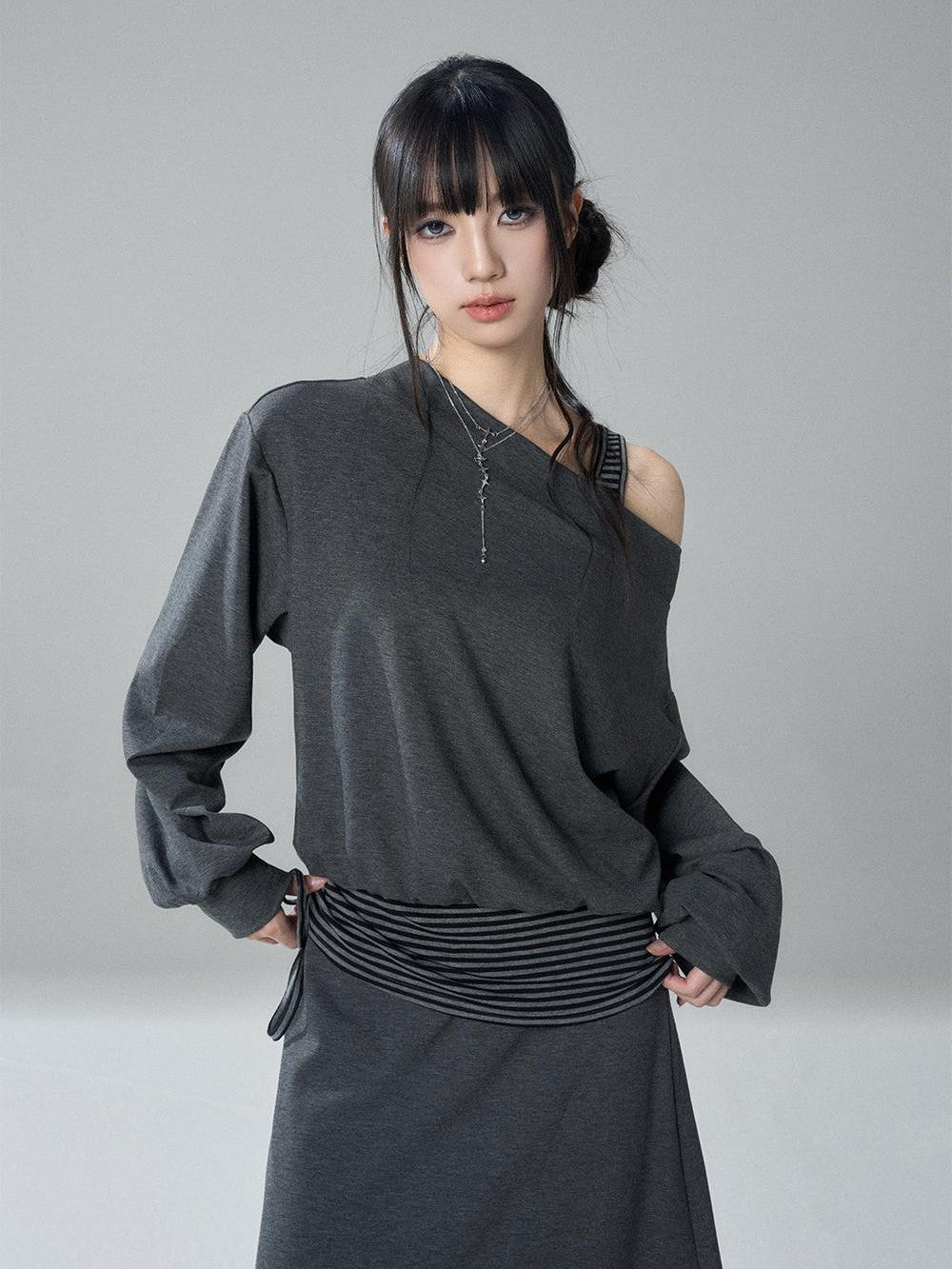 LADYGHOST Striped One Shoulder High Waist Loose Fit Women&