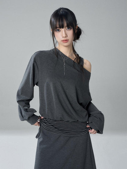 LADYGHOST Striped One Shoulder High Waist Loose Fit Women&