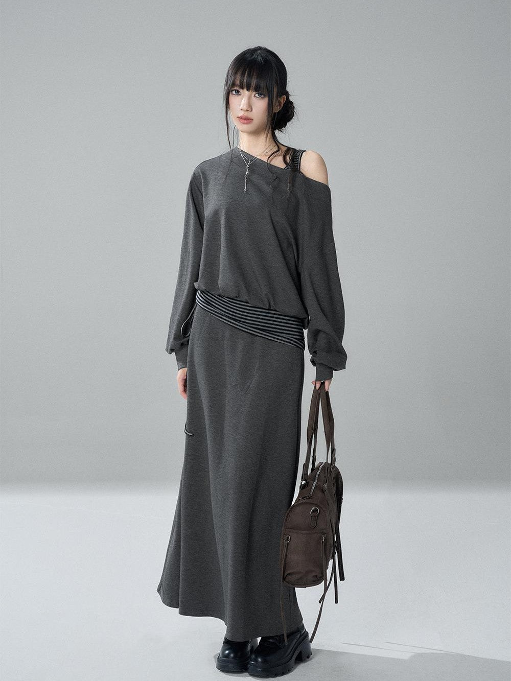 LADYGHOST Striped One Shoulder High Waist Loose Fit Women&
