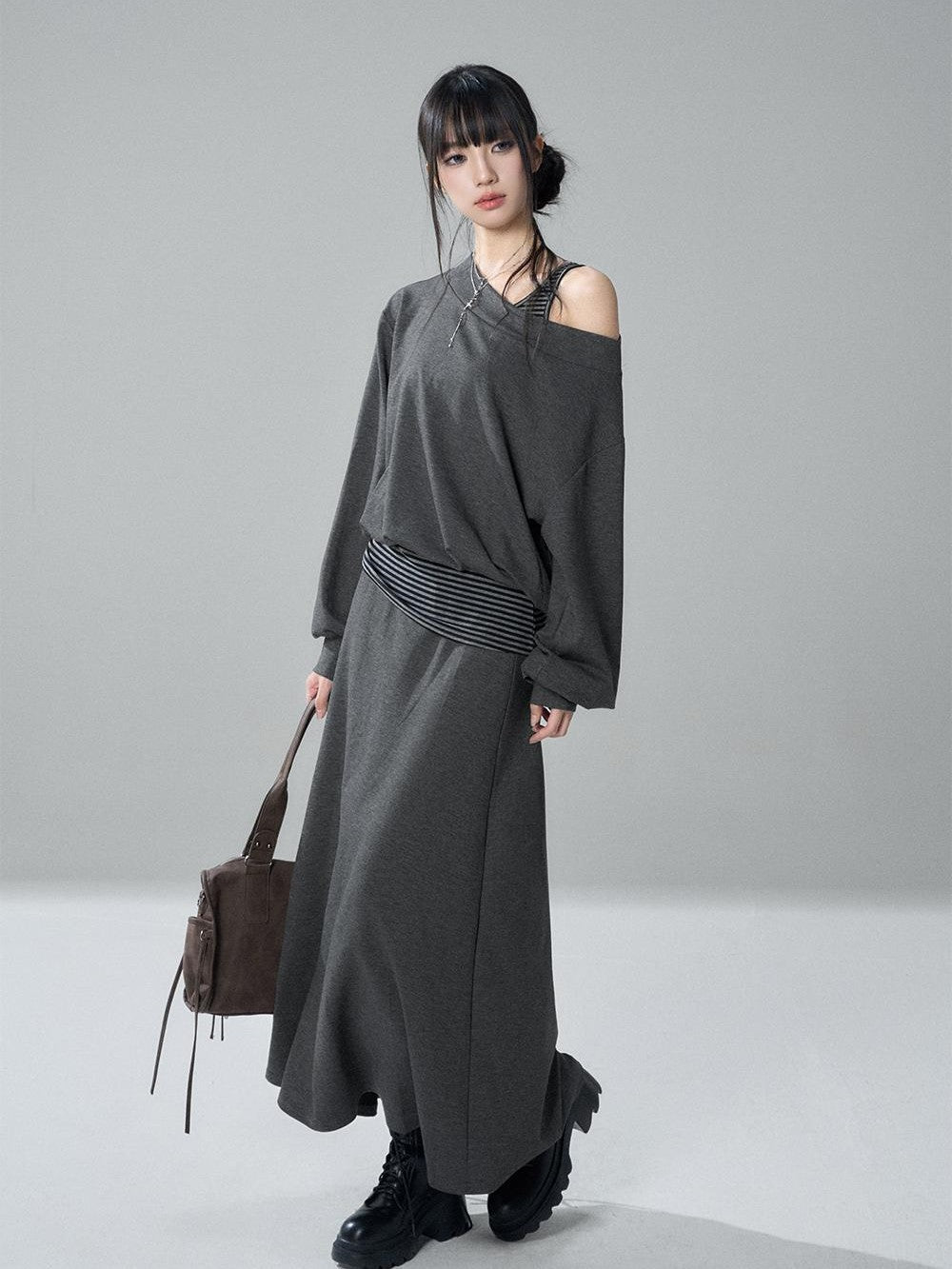 LADYGHOST Striped One Shoulder High Waist Loose Fit Women&