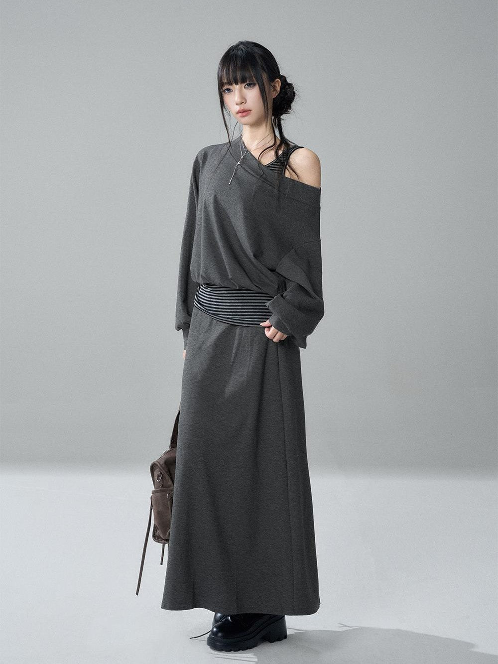 LADYGHOST Striped One Shoulder High Waist Loose Fit Women&