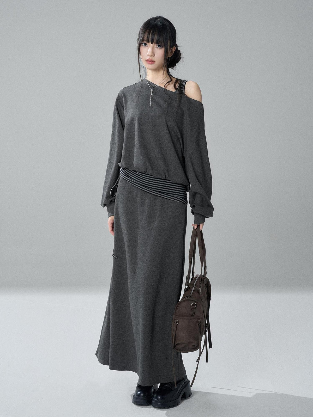 LADYGHOST Striped One Shoulder High Waist Loose Fit Women&