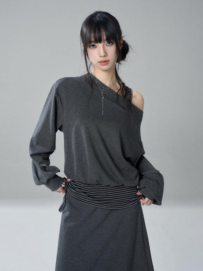 LADYGHOST Striped One Shoulder High Waist Loose Fit Women&