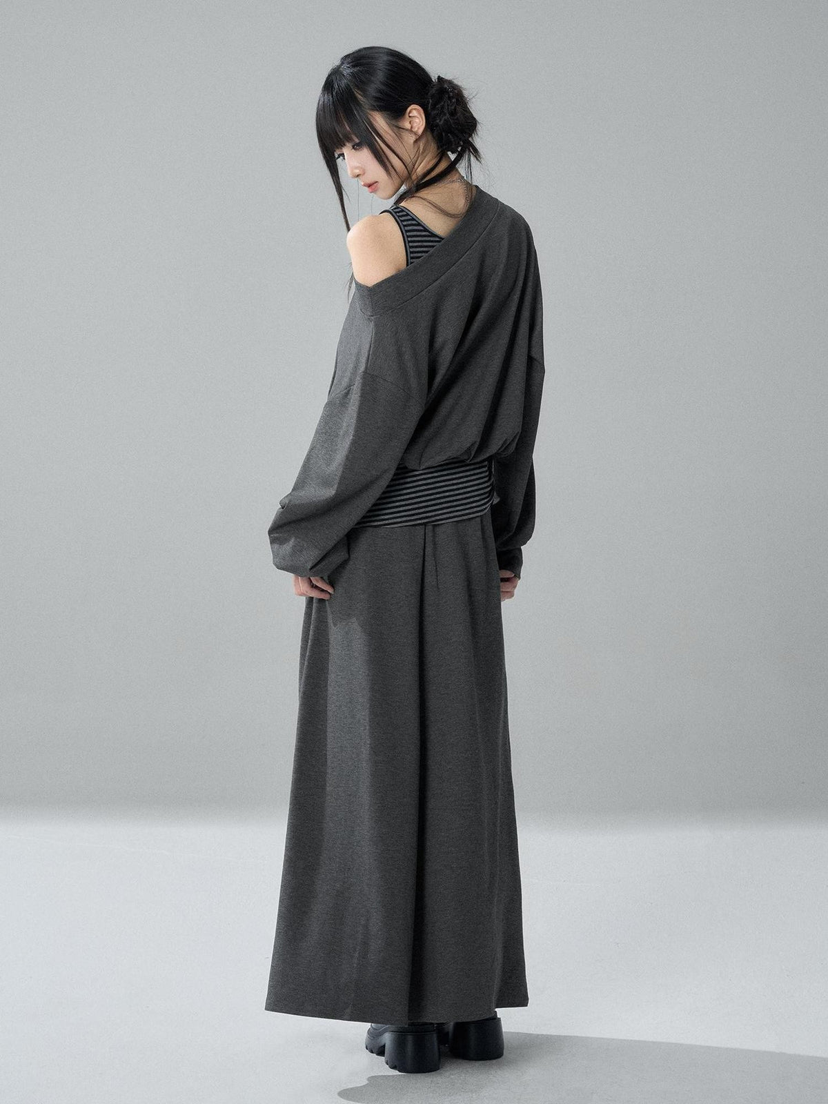 LADYGHOST Striped One Shoulder High Waist Loose Fit Women&