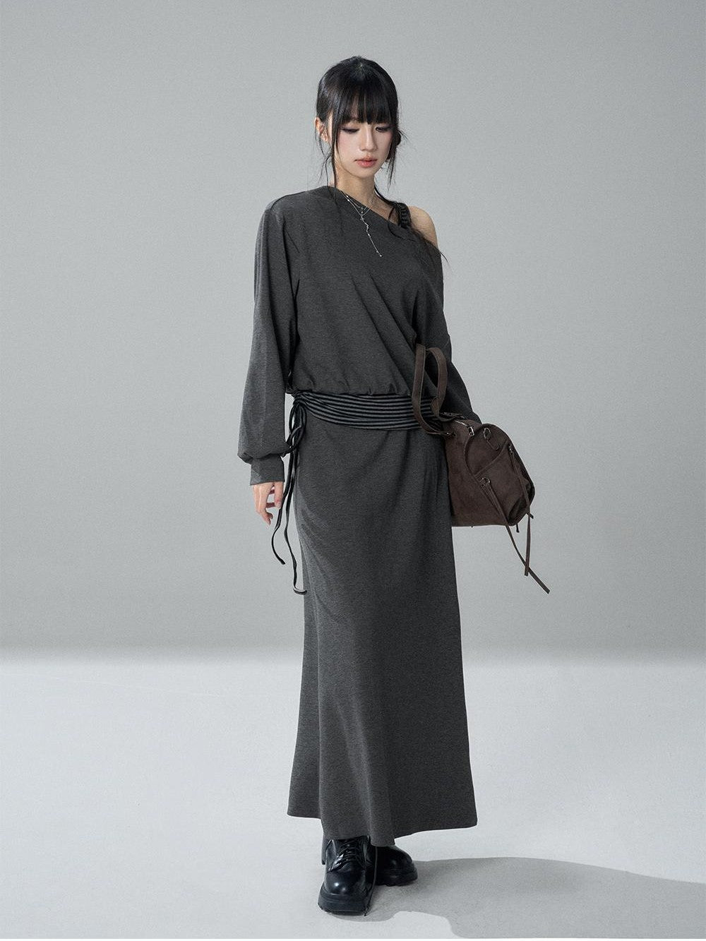 LADYGHOST Striped One Shoulder High Waist Loose Fit Women&