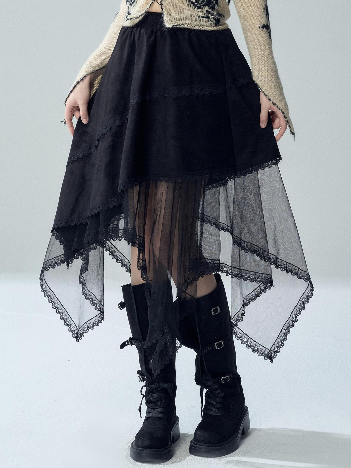 LADYGHOST Vintage Asymmetric Lace Patchwork High Waist Women&