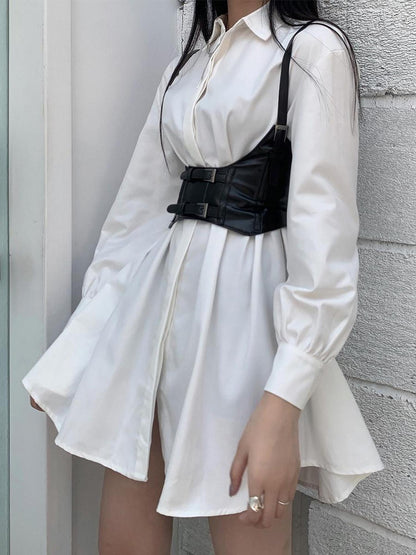LADYGHOST White Cinched Waist Belt Shirt Dress Women&