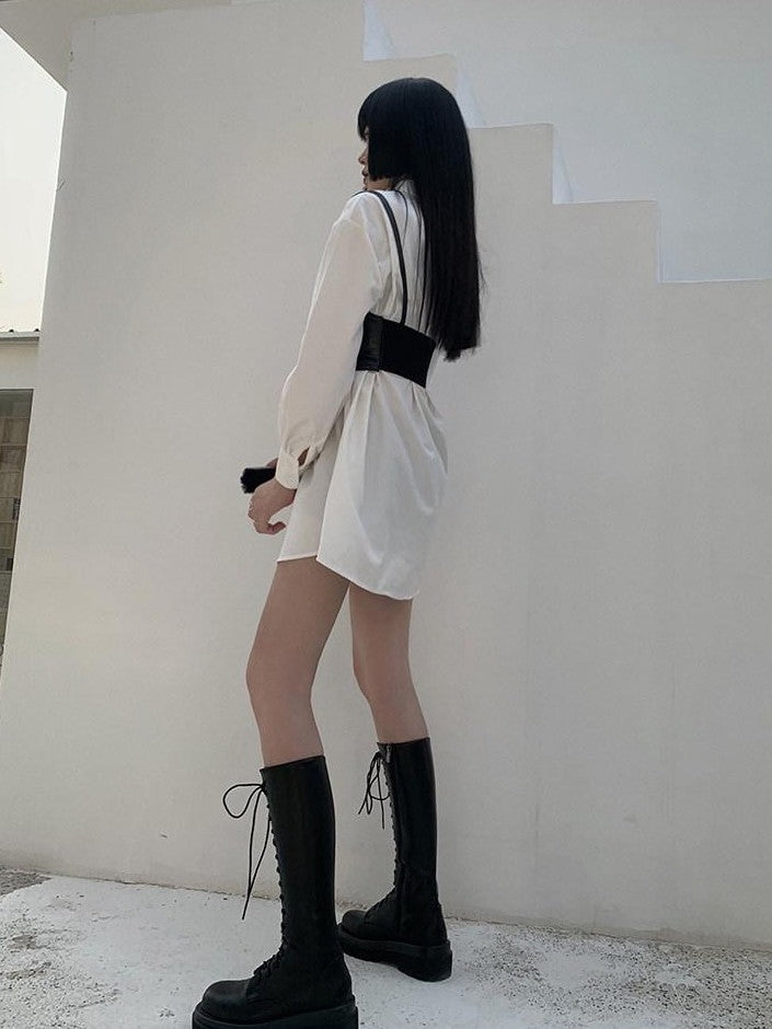 LADYGHOST White Cinched Waist Belt Shirt Dress Women&