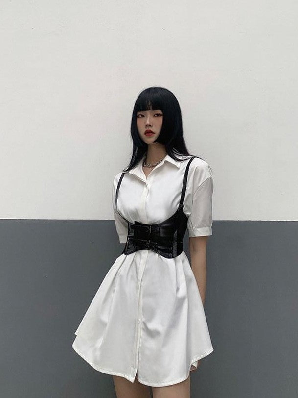LADYGHOST White Cinched Waist Belt Shirt Dress Women&