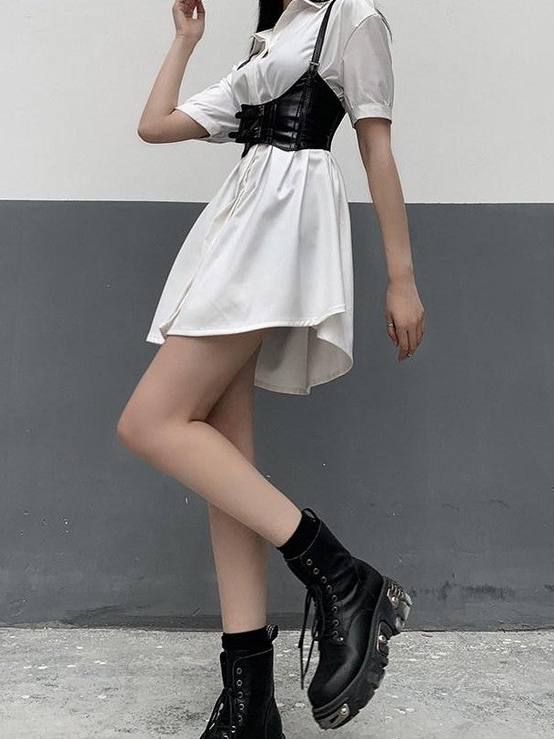LADYGHOST White Cinched Waist Belt Shirt Dress Women&